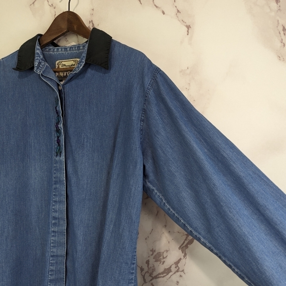 Vintage Wrangler Shirt Women XL 90s Button Embroidered Black Chambray Southwest - Picture 14 of 14